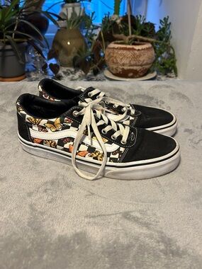 Vans Woman Black Canvas Old Skool Sneakers with Yellow & Orange Butterfly Panels